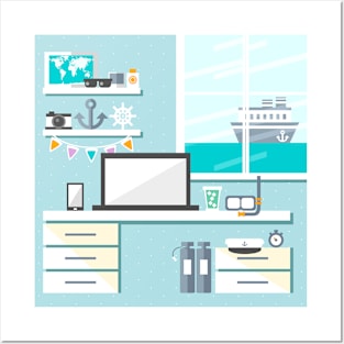 Sea sailor office interior cartoon drawing Posters and Art